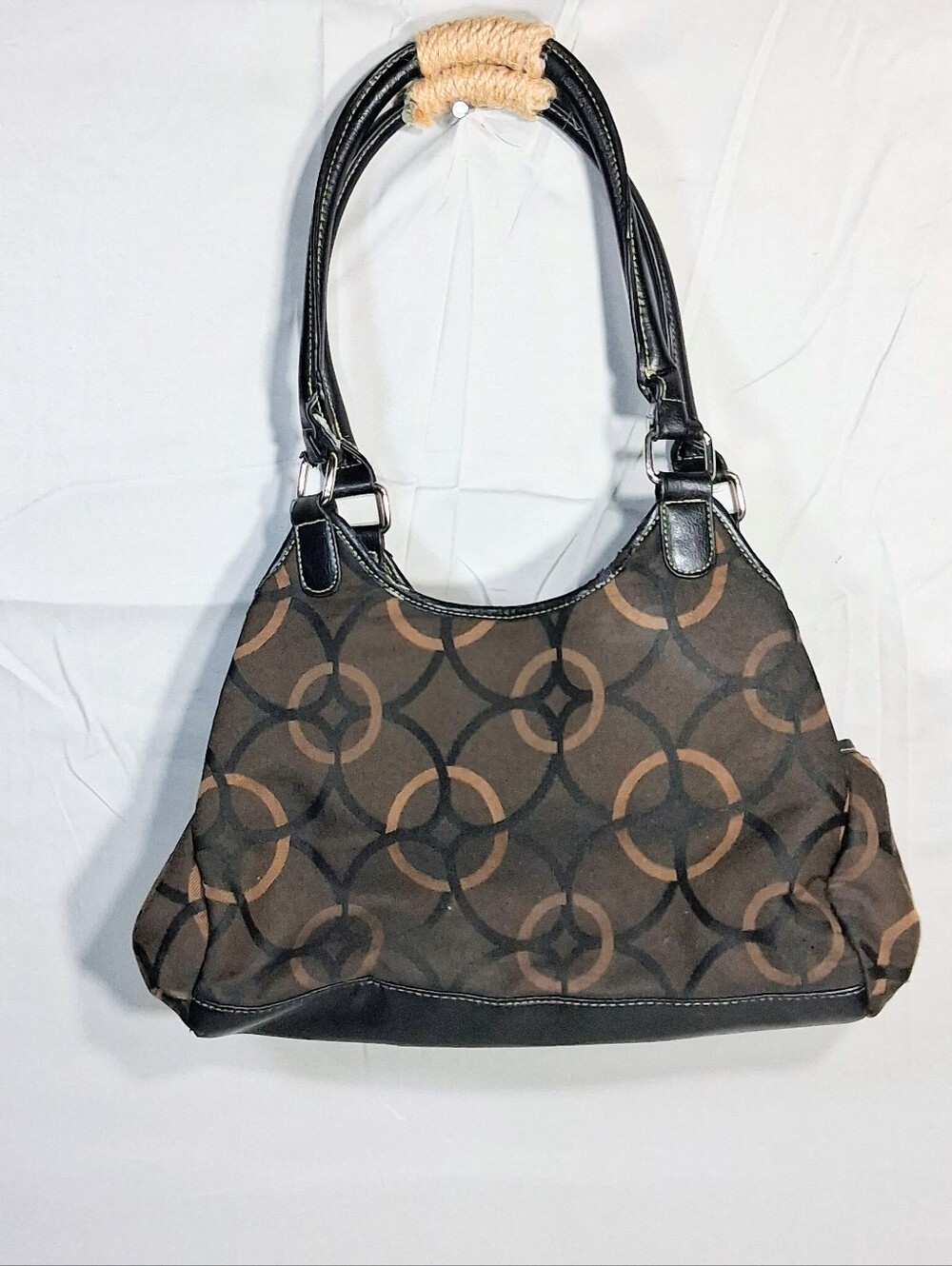 Brown Rich Handbag Interlocking Circle Pattern Faux Leather w/ Unique Handles